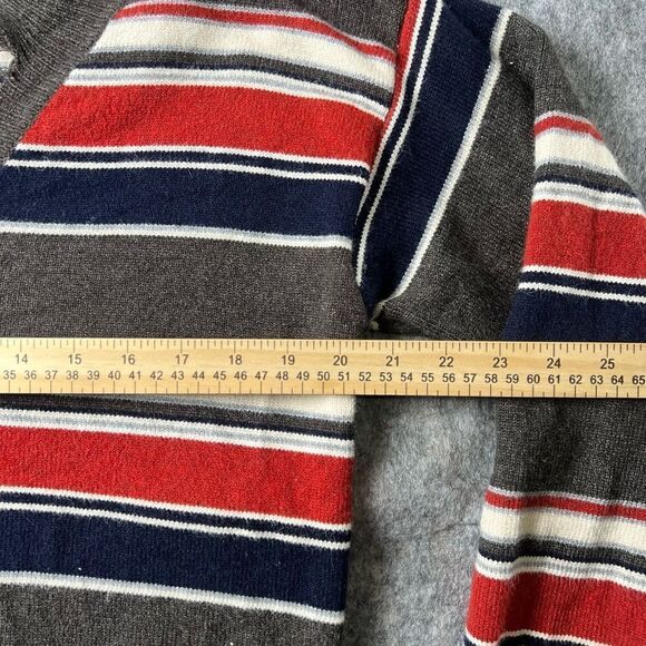 POL Distressed Dropped Shoulder V-Neck Striped Sweater  Grey Red Blue S #123 - Picture 6 of 7